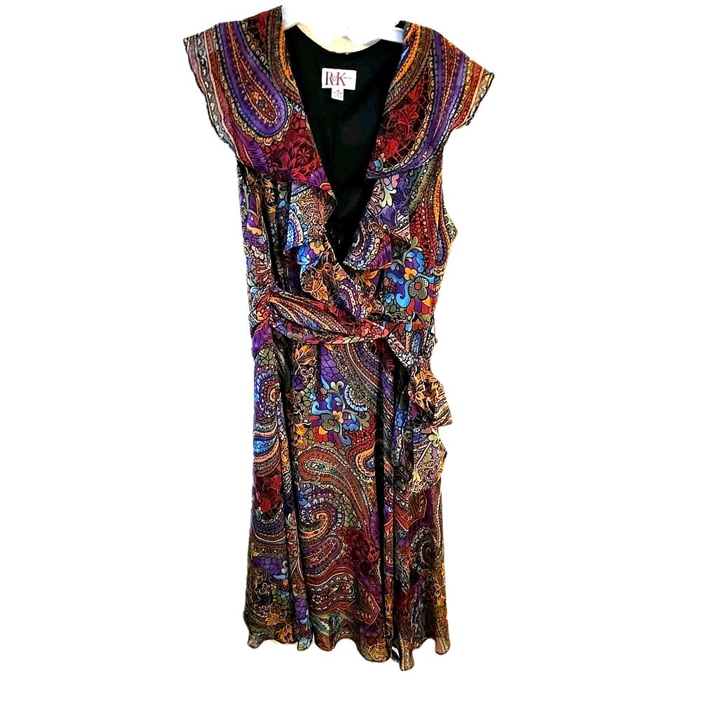 R&K Originals Paisley Midi Dress Womens 14 Purple Boho Ruffle Wrap Faux Tie Belt